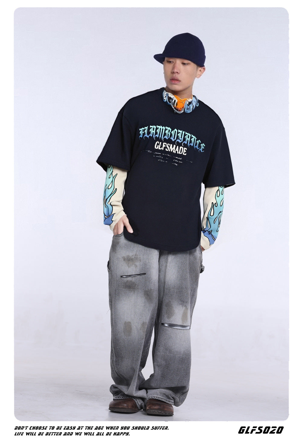 𝔾𝕣𝕠𝕦𝕟𝕕ℤ𝕖𝕣𝕠®2026年秋冬款復古火焰字母兩件式圓領長袖上衣T-SHIRT