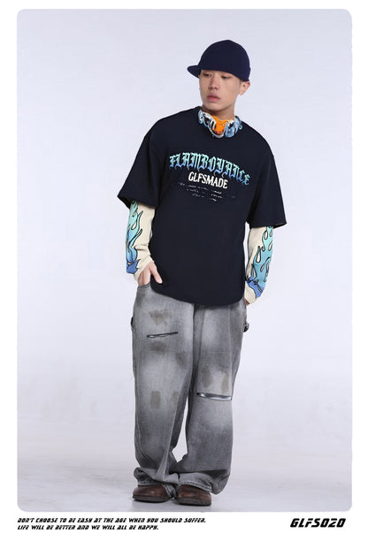 𝔾𝕣𝕠𝕦𝕟𝕕ℤ𝕖𝕣𝕠®2026年秋冬款復古火焰字母兩件式圓領長袖上衣T-SHIRT