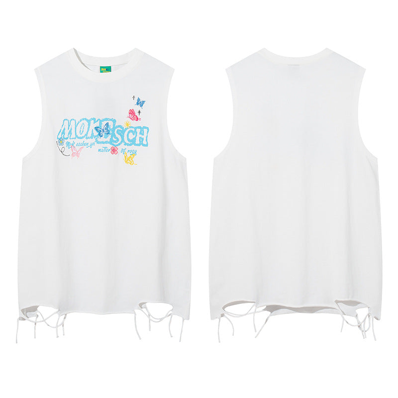 ♠𝔾𝕣𝕠𝕦𝕟𝕕ℤ𝕖𝕣𝕠♠美式風格夏日新款水洗破壞厚磅刺繡蝴蝶漆坎肩無袖背心