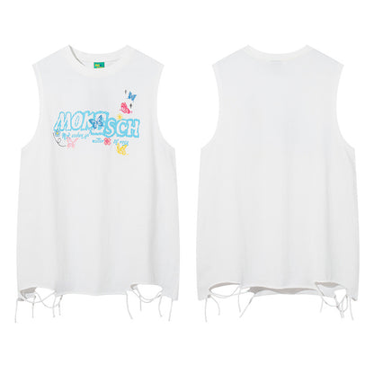 ♠𝔾𝕣𝕠𝕦𝕟𝕕ℤ𝕖𝕣𝕠♠美式風格夏日新款水洗破壞厚磅刺繡蝴蝶漆坎肩無袖背心