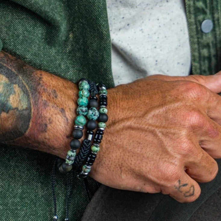 Flexing精品✥𝔾𝕣𝕠𝕦𝕟𝕕ℤ𝕖𝕣𝕠®✥歐美嘻哈渡假風編織非洲黑瑪瑙石串珠手鍊三件組