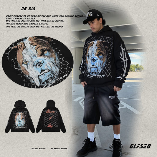 𝔾𝕣𝕠𝕦𝕟𝕕ℤ𝕖𝕣𝕠®2026年秋冬款復古滿版惡霸犬連帽加厚長袖上衣T-SHIRT