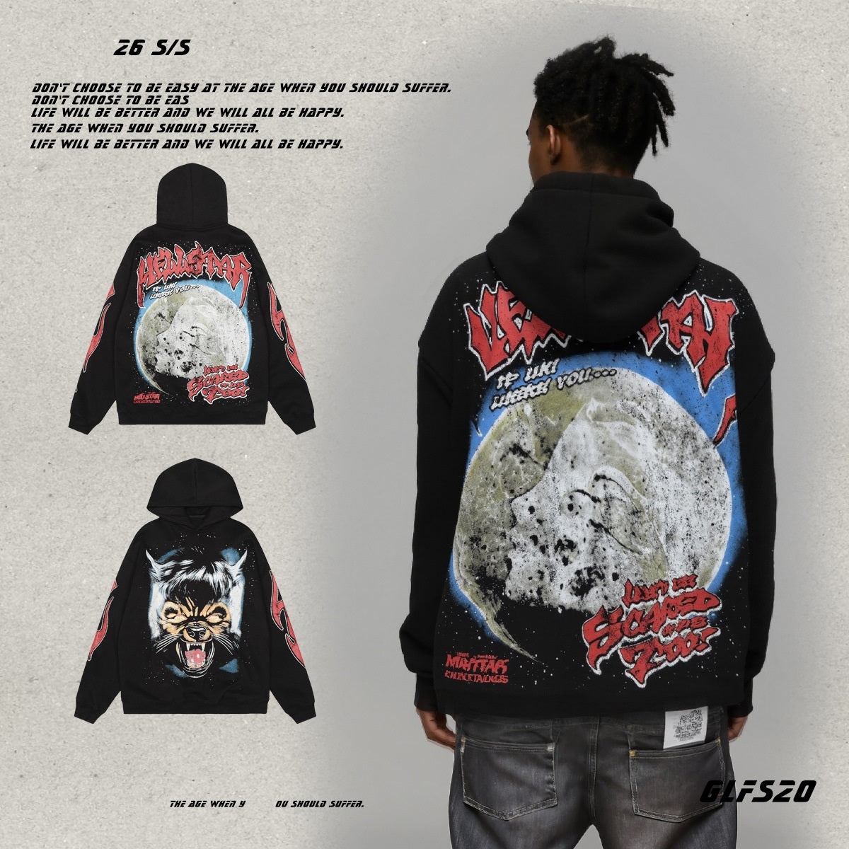 𝔾𝕣𝕠𝕦𝕟𝕕ℤ𝕖𝕣𝕠®2026年秋冬款復古暗夜惡狼連帽長袖上衣T-SHIRT