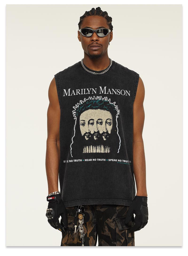 G.Z邁阿密南岸𝔾𝕣𝕠𝕦𝕟𝕕ℤ𝕖𝕣𝕠®✥南裝大佬✥ 美式嘻哈水洗重磅數男女中性瑪莉蓮曼森坎肩背心亞洲版型)