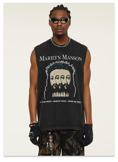 G.Z邁阿密南岸𝔾𝕣𝕠𝕦𝕟𝕕ℤ𝕖𝕣𝕠®✥南裝大佬✥ 美式嘻哈水洗重磅數男女中性瑪莉蓮曼森坎肩背心亞洲版型)