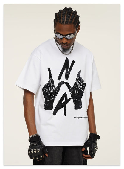 G.Z邁阿密南岸𝔾𝕣𝕠𝕦𝕟𝕕ℤ𝕖𝕣𝕠®✥南裝大佬✥ 美式嘻哈水洗重磅數男女中性N.W.A手勢短袖上衣T-Shirt(亞洲版型)