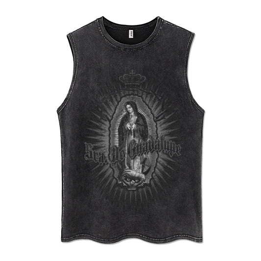 ♠ 𝔾𝕣𝕠𝕦𝕟𝕕ℤ𝕖𝕣𝕠♠美式風格夏日新款水洗厚磅數祈禱聖母坎肩無袖背心T-Shirt