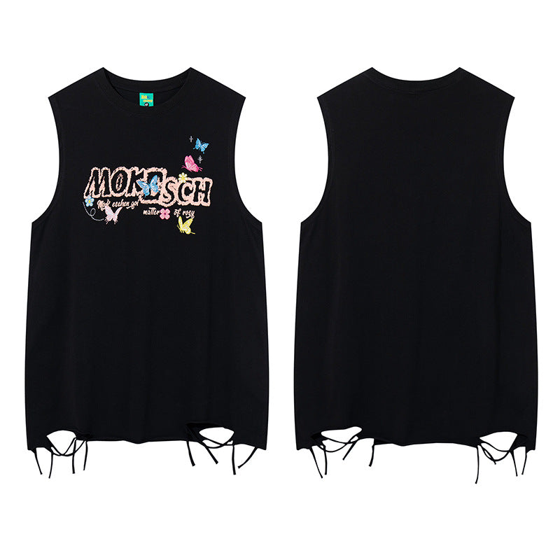 ♠𝔾𝕣𝕠𝕦𝕟𝕕ℤ𝕖𝕣𝕠♠美式風格夏日新款水洗破壞厚磅刺繡蝴蝶漆坎肩無袖背心