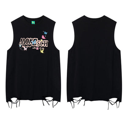 ♠𝔾𝕣𝕠𝕦𝕟𝕕ℤ𝕖𝕣𝕠♠美式風格夏日新款水洗破壞厚磅刺繡蝴蝶漆坎肩無袖背心