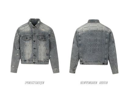 𝔾𝕣𝕠𝕦𝕟𝕕ℤ𝕖𝕣𝕠®2026年秋冬款復古水洗破壞鎧甲短版牛仔夾克外套(限量)