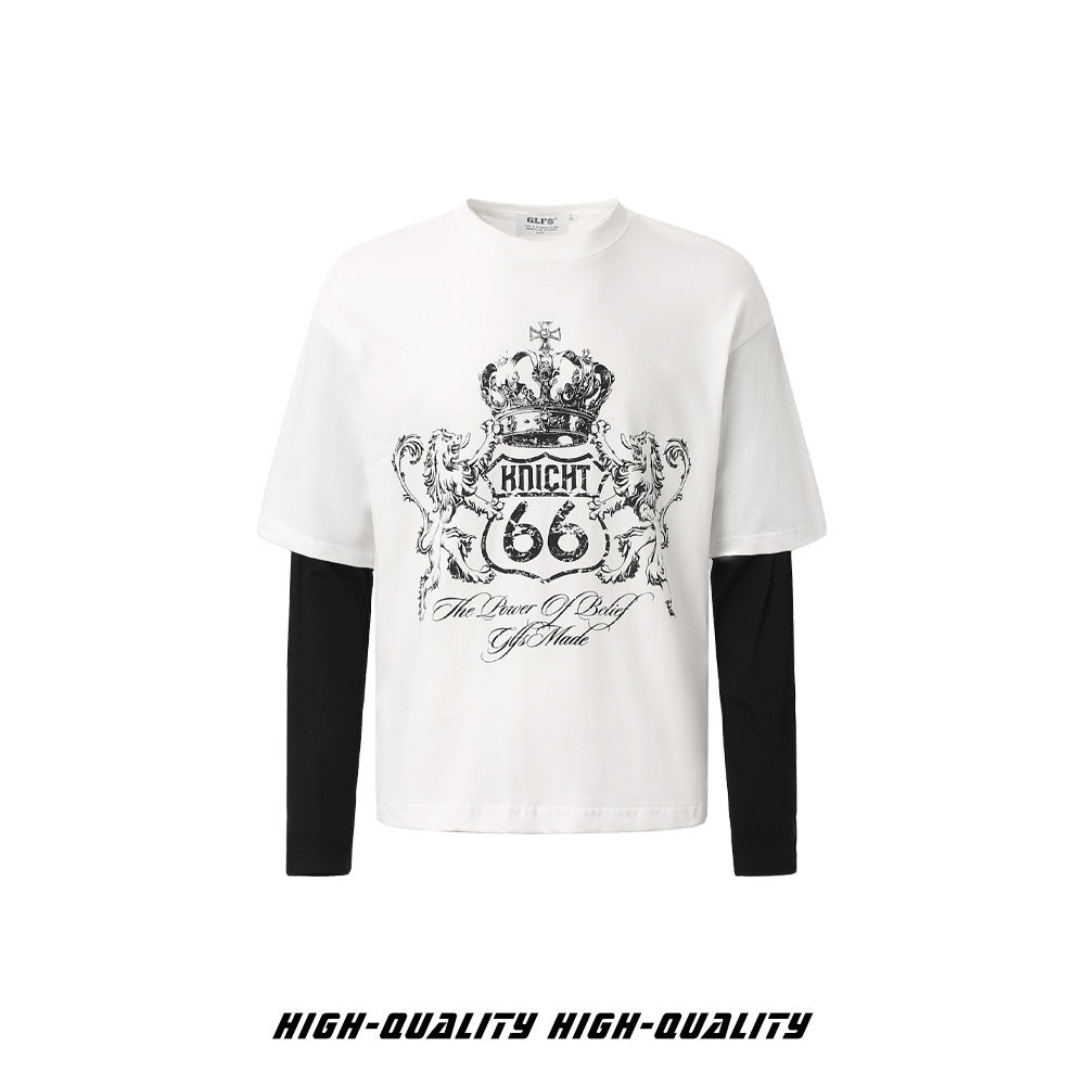 𝔾𝕣𝕠𝕦𝕟𝕕ℤ𝕖𝕣𝕠®2026年秋冬款復古皇家獅子圓領假兩件長袖上衣T-SHIRT