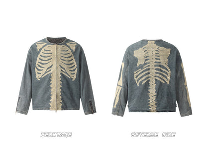 𝔾𝕣𝕠𝕦𝕟𝕕ℤ𝕖𝕣𝕠®2026年秋冬款復古做舊骨架圓領古著夾克牛仔外套