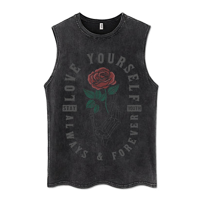 ♠ 𝔾𝕣𝕠𝕦𝕟𝕕ℤ𝕖𝕣𝕠♠美式風格夏日新款水洗厚磅數骷髏玫瑰坎肩無袖背心T-Shirt