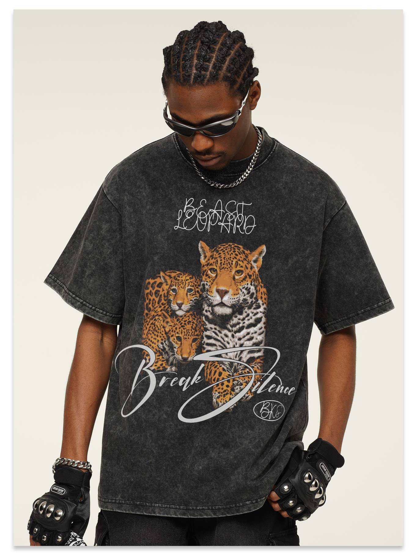 G.Z邁阿密南岸𝔾𝕣𝕠𝕦𝕟𝕕ℤ𝕖𝕣𝕠®✥南裝大佬✥ 美式嘻哈水洗重磅數男女中性油畫美洲豹短袖上衣T-Shirt(亞洲版型)