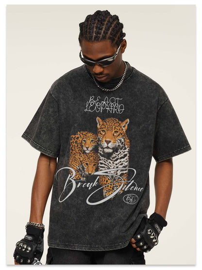G.Z邁阿密南岸𝔾𝕣𝕠𝕦𝕟𝕕ℤ𝕖𝕣𝕠®✥南裝大佬✥ 美式嘻哈水洗重磅數男女中性油畫美洲豹短袖上衣T-Shirt(亞洲版型)