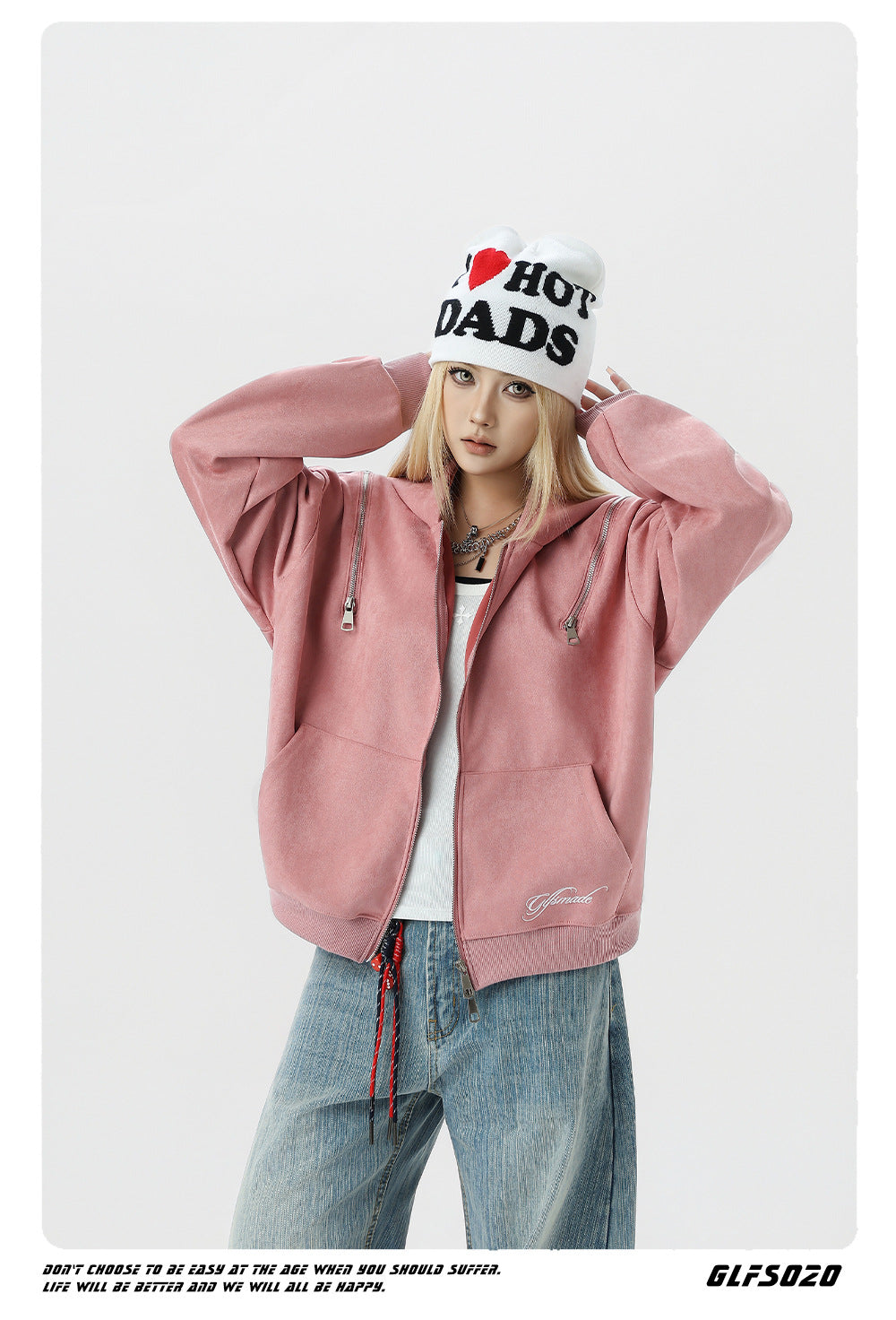 𝔾𝕣𝕠𝕦𝕟𝕕ℤ𝕖𝕣𝕠®2026年秋冬款簡約嘻哈電繡字母連帽長袖外套夾克