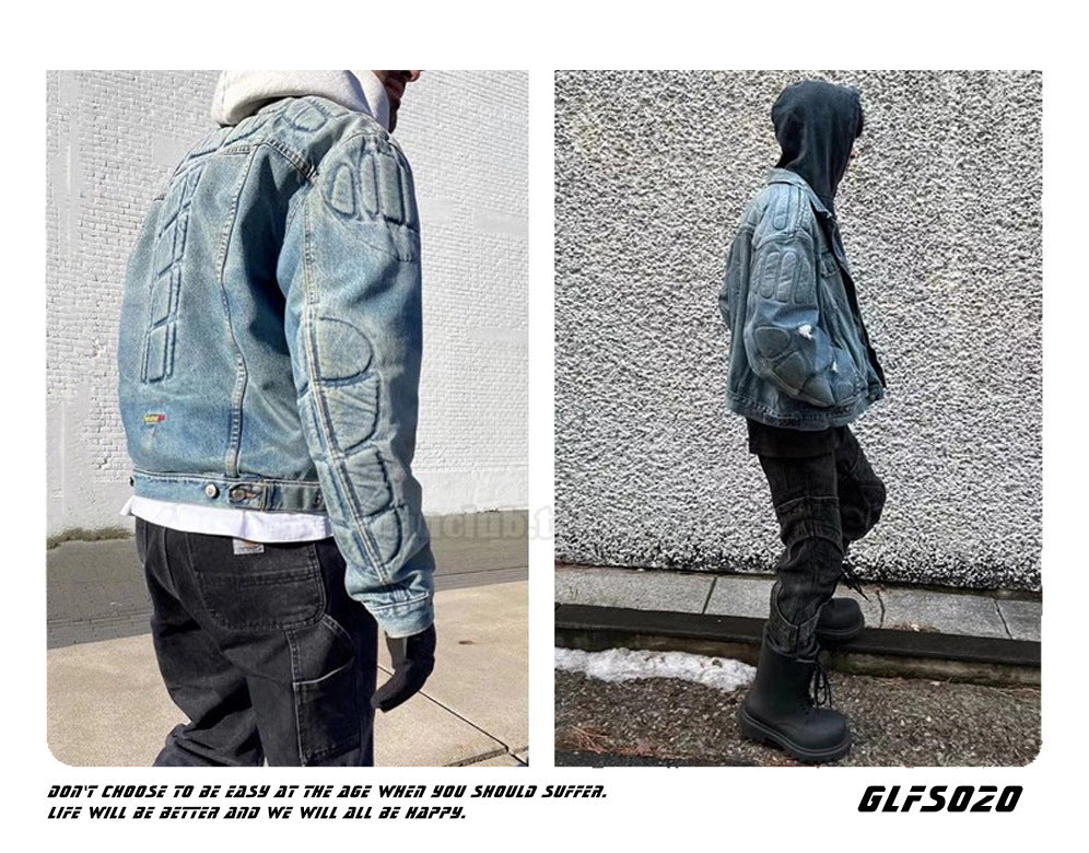 𝔾𝕣𝕠𝕦𝕟𝕕ℤ𝕖𝕣𝕠®2026年秋冬款復古水洗破壞鎧甲短版牛仔夾克外套(限量)