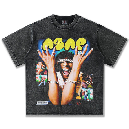 G.Z邁阿密南岸𝔾𝕣𝕠𝕦𝕟𝕕ℤ𝕖𝕣𝕠®✥南裝大佬✥ 美式嘻哈水洗重磅數男女中性AsapRocky短袖上衣T-Shirt(亞洲版型)