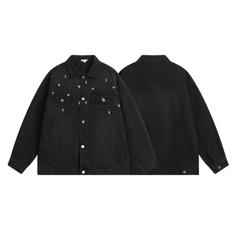 𝔾𝕣𝕠𝕦𝕟𝕕ℤ𝕖𝕣𝕠®2026年秋冬款復古嘻哈滿天星克羅十字牛仔夾克外套