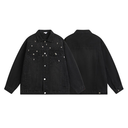 𝔾𝕣𝕠𝕦𝕟𝕕ℤ𝕖𝕣𝕠®2026年秋冬款復古嘻哈滿天星克羅十字牛仔夾克外套