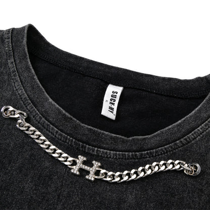 ♠𝔾𝕣𝕠𝕦𝕟𝕕ℤ𝕖𝕣𝕠♠美式風格夏日新款水洗破壞厚磅數十字胸鏈聖騎士坎肩無袖背心