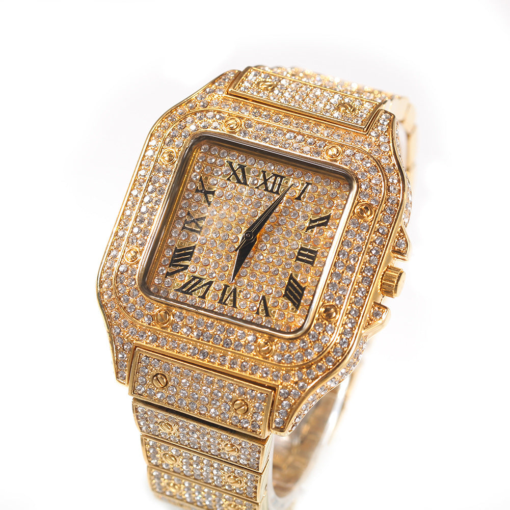 Flexing Boutique 2023✥𝔾𝕣𝕠𝕦𝕟𝕕ℤ𝕖𝕣𝕠®✥ European and American Hip Hop Square Full Diamond Roman Scale Quartz Neutral Watch Mechanical Watch 