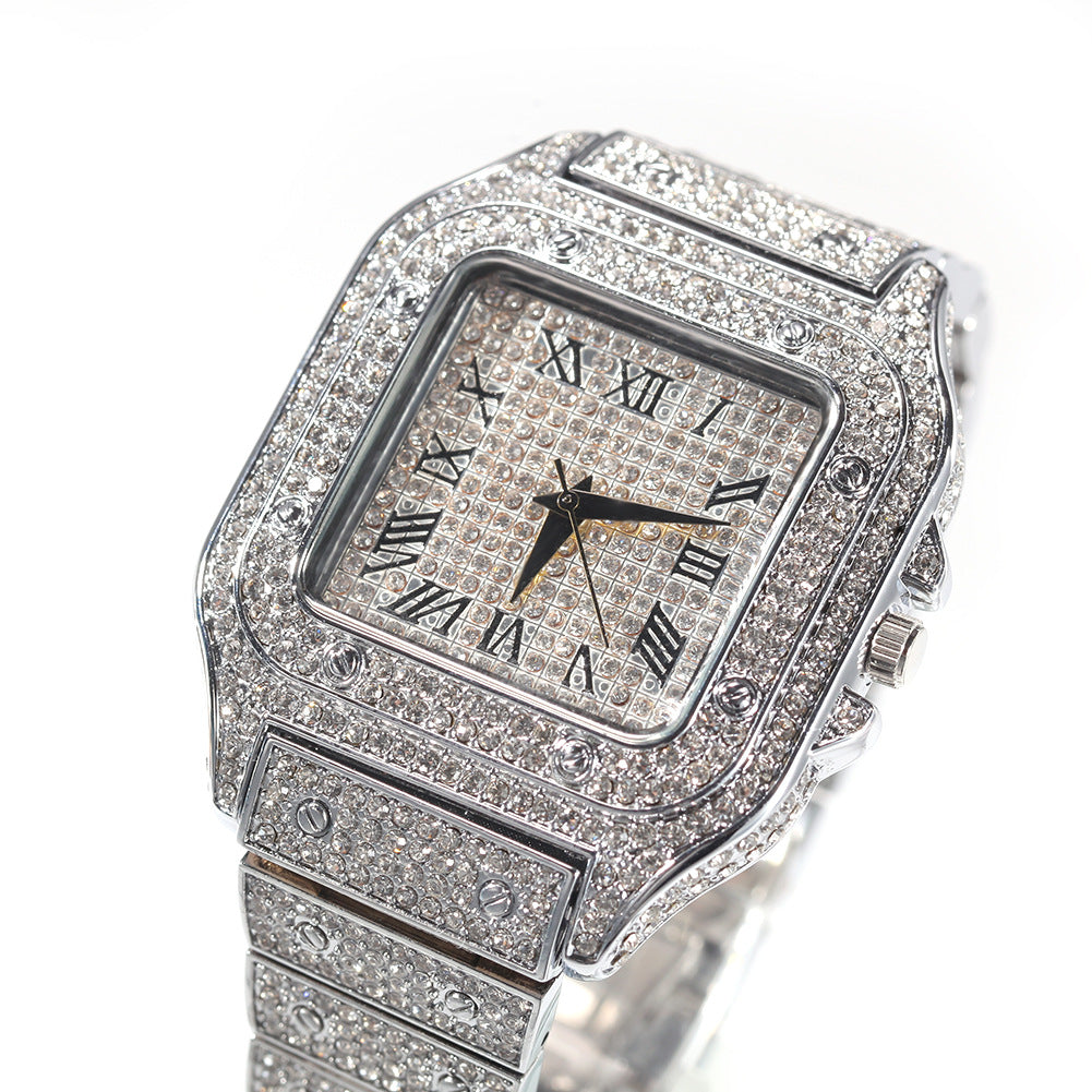 Flexing Boutique 2023✥𝔾𝕣𝕠𝕦𝕟𝕕ℤ𝕖𝕣𝕠®✥ European and American Hip Hop Square Full Diamond Roman Scale Quartz Neutral Watch Mechanical Watch 
