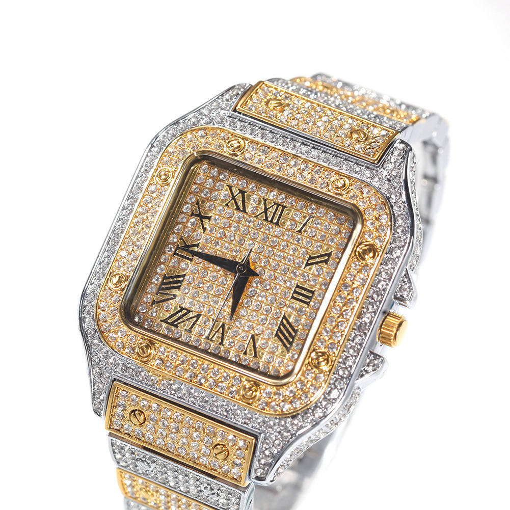 Flexing精品2023✥𝔾𝕣𝕠𝕦𝕟𝕕ℤ𝕖𝕣𝕠®✥歐美嘻哈方形滿鑽羅馬刻度石英式中性腕錶手錶機械錶