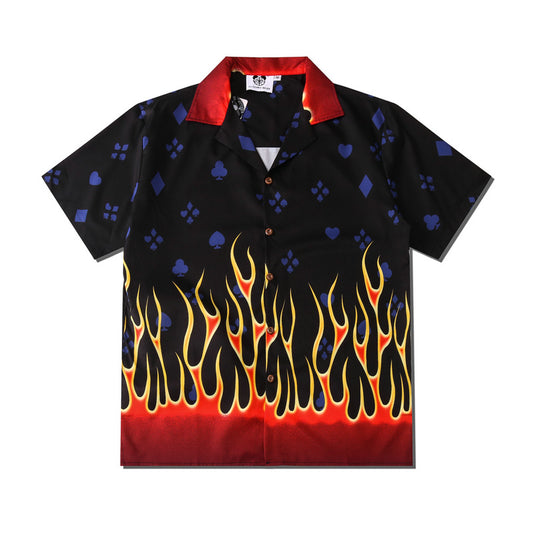 G.Z LA西岸 2023【✟純愛西岸✟】火焰拼色數碼印花夏季寬鬆男式開衫短袖襯衫