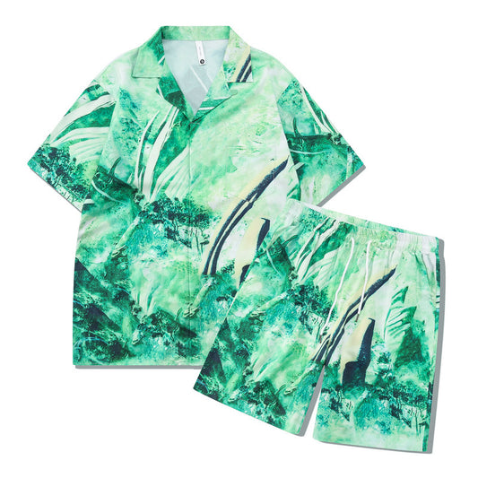 G.Z マイアミ サウスショア ✥𝔾𝕣𝕠𝕦𝕟𝕕ℤ𝕖𝕣𝕠®✥2023 サザンスーツ ボス/アメカジ グリーン オイル 植物 ルーズ オープンカラー シャツ ショートパンツ スーツ