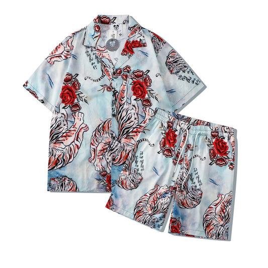 GZ Miami South Shore✥𝔾𝕣𝕠𝕦𝕟𝕕ℤ𝕖𝕣𝕠®✥2023 Southern suit big guy/American casual leisurely blue downhill tiger loose open collar shirt shorts suit 