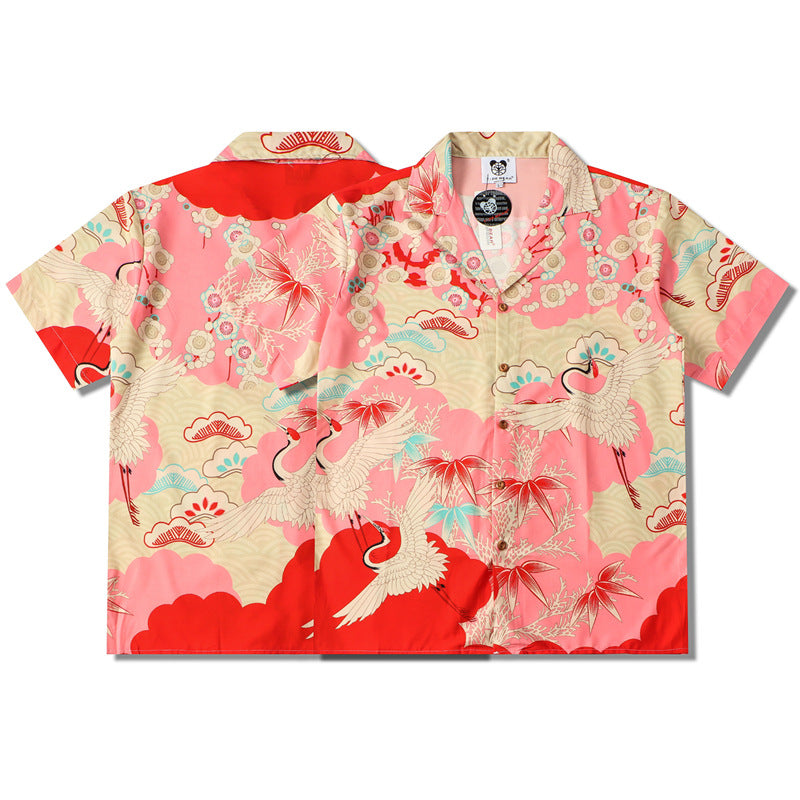 GZ Miami South Shore✥𝔾𝕣𝕠𝕦𝕟𝕕ℤ𝕖𝕣𝕠®✥2023 Southern suit boss/American casual red pink crane loose open collar Cuban shirt 