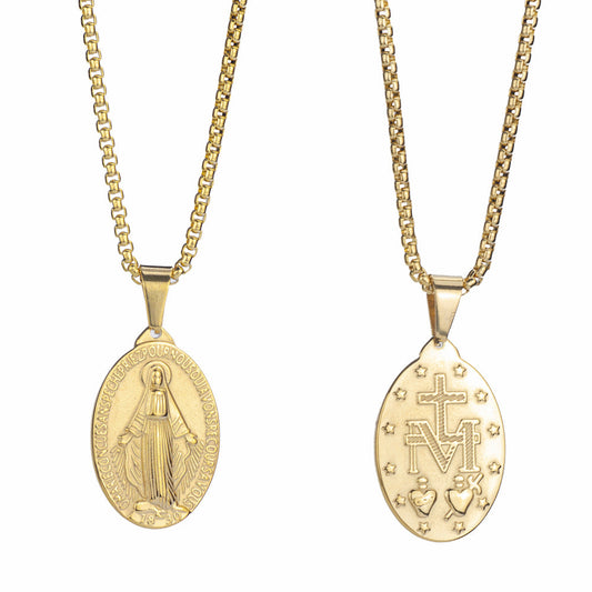 GZ LA West Bund 2023【✟Pure Love West Bund✟】European and American Double-sided Embossed Virgin Mary Oval Necklace