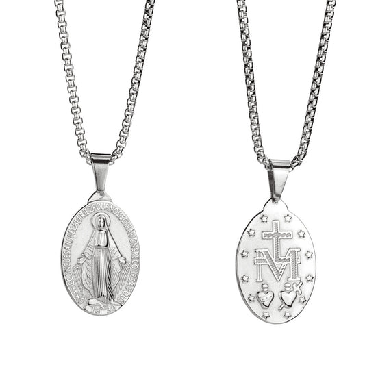 GZ LA West Bund 2023【✟Pure Love West Bund✟】European and American Double-sided Embossed Virgin Mary Oval Necklace