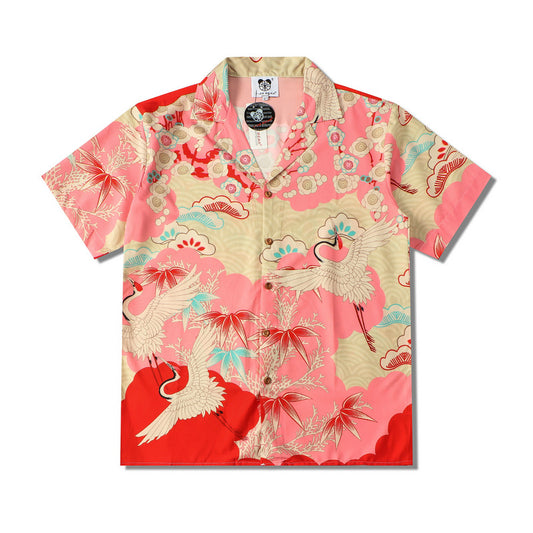 GZ Miami South Shore✥𝔾𝕣𝕠𝕦𝕟𝕕ℤ𝕖𝕣𝕠®✥2023 Southern suit boss/American casual red pink crane loose open collar Cuban shirt 