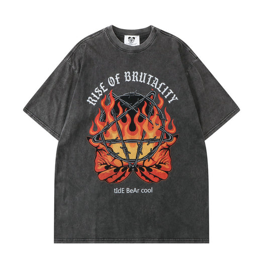GZ LA West Bund 2023【✟ Pure Love West Bund✟】European and American Retro High Street Style Printed Flame Devil T-Shirt