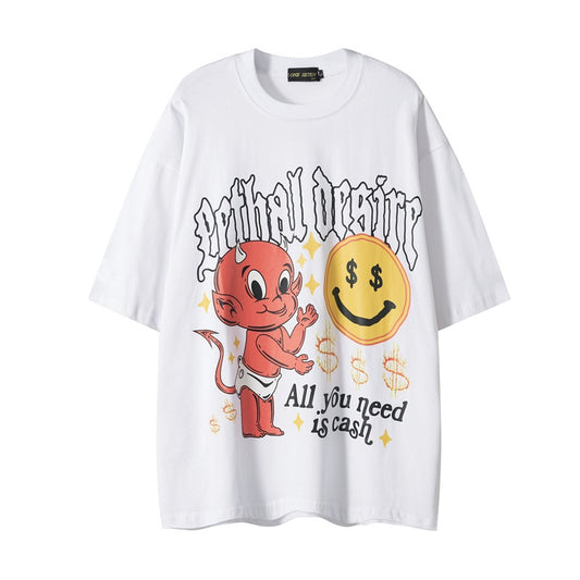 GZ LA West Bund 2023【✟Pure Love West Bund✟】Retro Casual Ami Kaji Fun Cartoon Print Little Devil T-Shirt