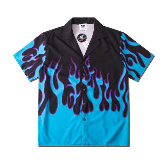 G.Z LA西岸 2023【✟純愛西岸✟】藍色火焰數碼印花翻領短袖襯衫