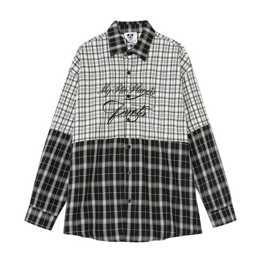 GZ LA West Bank 2023【✟Pure Love West Bank✟】Plaid Stitching English Printed Long-sleeved Lapel Shirt