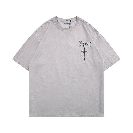 G.Z LA西岸 2023【✟純愛西岸✟】美式複古做舊洗水十字架印花T-Shirt