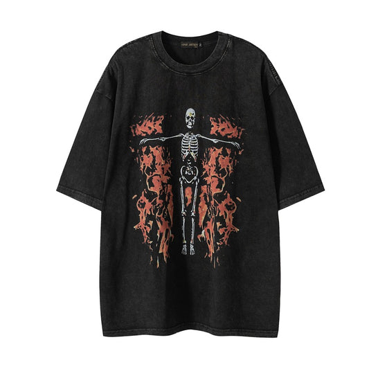 GZ LA West Bund 2023【✟Pure Love West Bund✟】Snowflake Retro Old Dark Skull High Street Casual Print T-Shirt