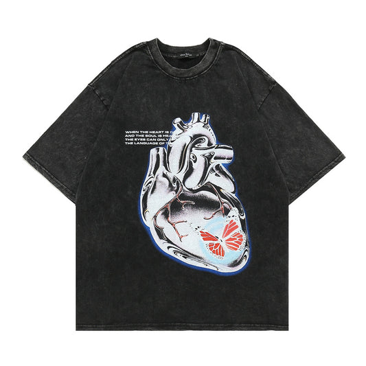 GZ LA West Bank 2023【✟Pure Love West Bank✟】Washed Dark Printed Heart Cotton Loose Casual T-Shirt