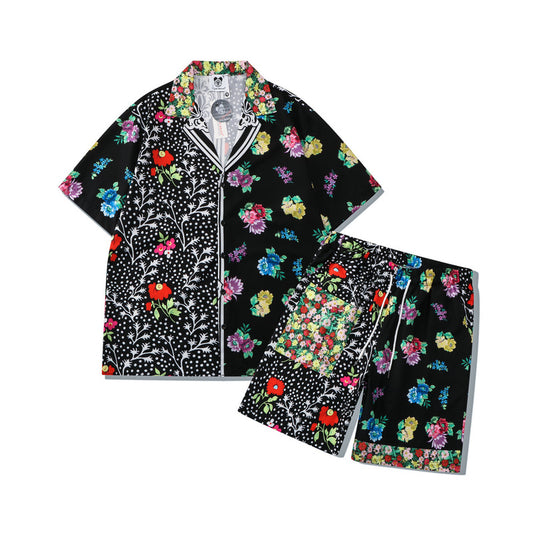 GZ Miami South Shore✥𝔾𝕣𝕠𝕦𝕟𝕕ℤ𝕖𝕣𝕠®✥2023 Southern suit boss/American casual black floral loose open collar shirt shorts suit 