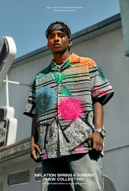 GZ Miami South Shore✥𝔾𝕣𝕠𝕦𝕟𝕕ℤ𝕖𝕣𝕠®✥2023 Southern suit boss/American casual striped spray-painted short-sleeved neutral shirt 