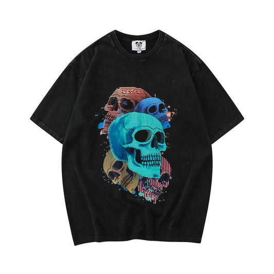 GZ LA West Bund 2023【✟Pure Love West Bund✟】European and American Personality Skull Old Retro Fried Snowflake Loose T-Shirt