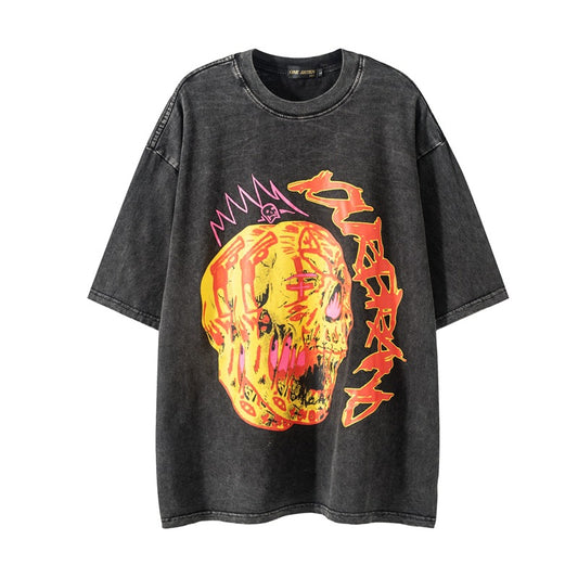 GZ LA West Bund 2023【✟Pure Love West Bund✟】Retro Old Fashioned Fun Printed Skull Washed Loose Cotton T-Shirt